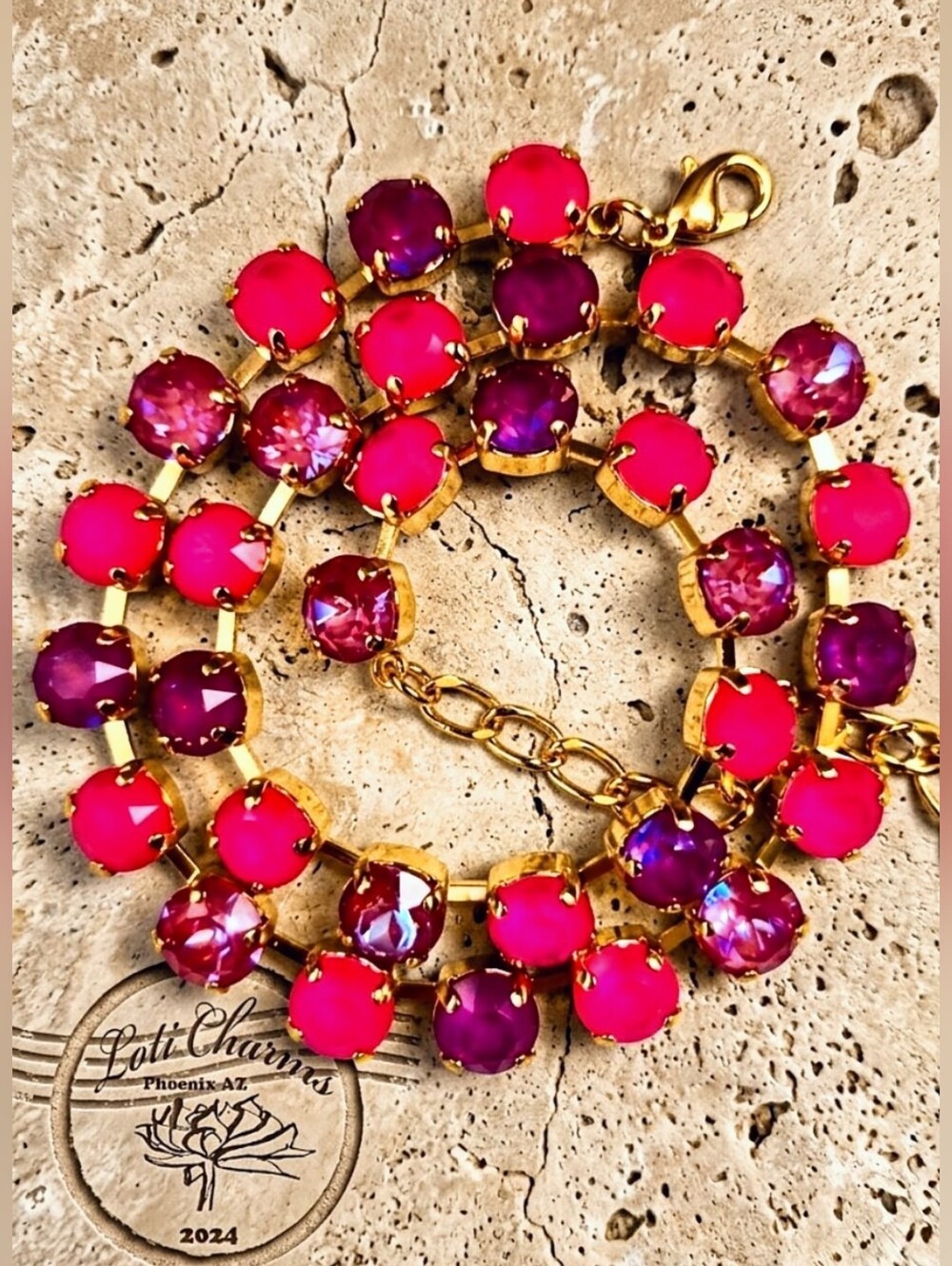 Neon Fuchsia Pink Disco Dust Glow In The Dark  18K Gold Plated Necklace